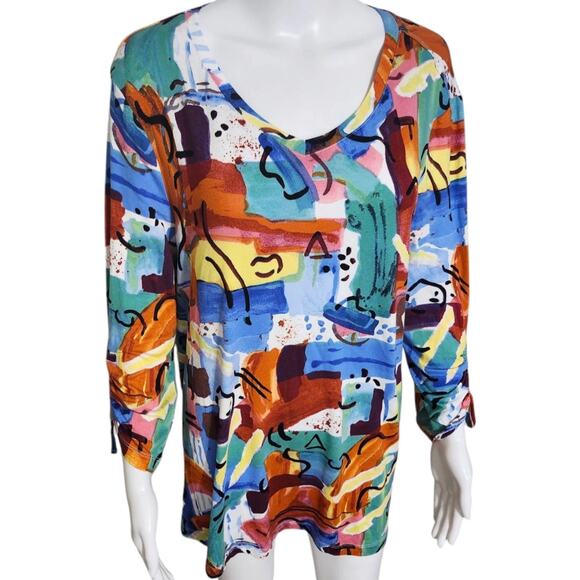 Ali Miles Womens Large Stretchy Top 3/4 Cinch Sleeve Art To‎ Wear Artsy Abstract - Picture 5 of 7